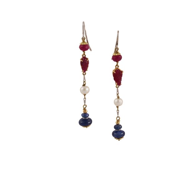 18KT GOLD, FRESHWATER PEARLS, RUBIES AND SAPPHIRES EARRINGS