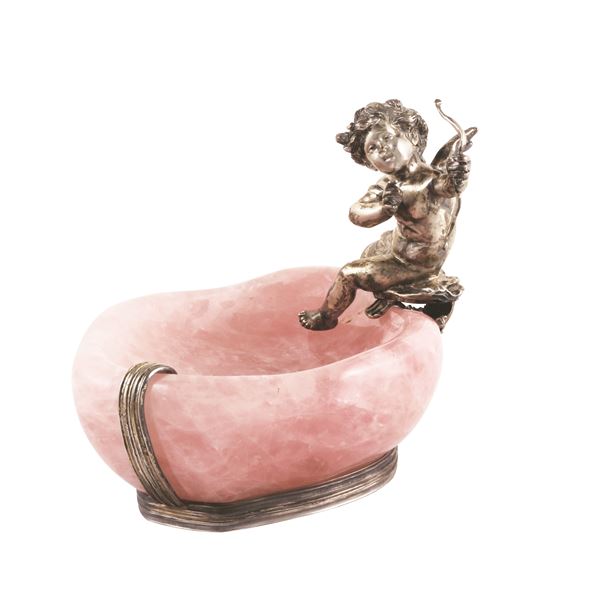 800 SILVER CUPID AND ROSE QUARTZ JEWELRY HOLDER, DE VECCHI