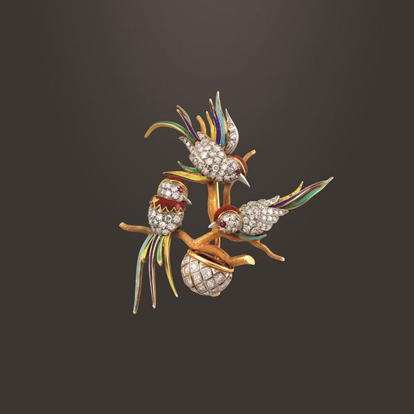18KT GOLD, DIAMONDS, ENAMEL AND RUBIES BROOCH