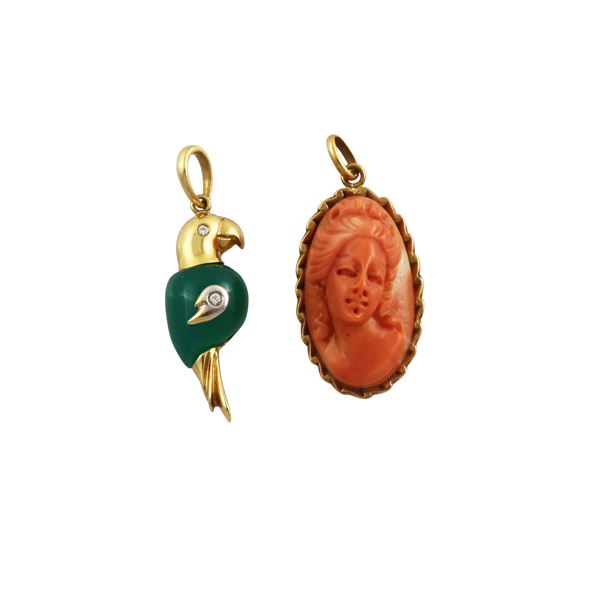 LOT OF TWO 18KT GOLD, CORAL CAMEO, CHRYSOPRASE AND DIAMOND PENDANTS