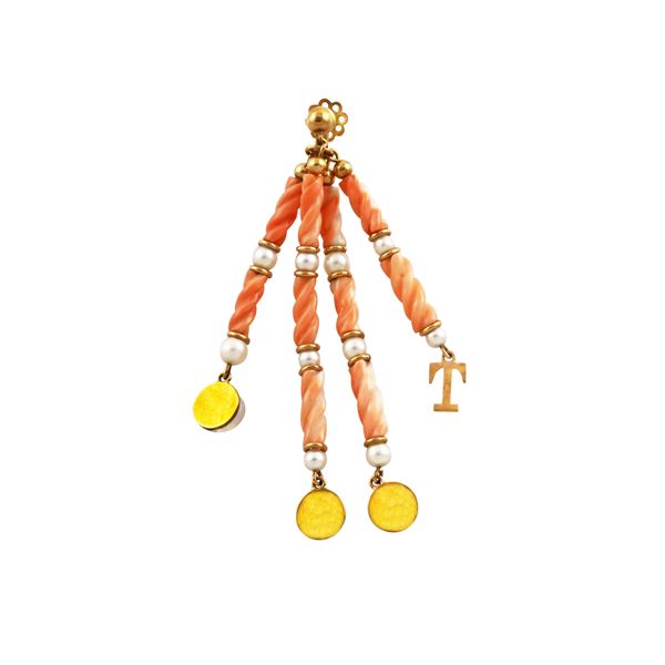 18KT GOLD, CORAL AND PEARLS EARRING, TRABUCCO