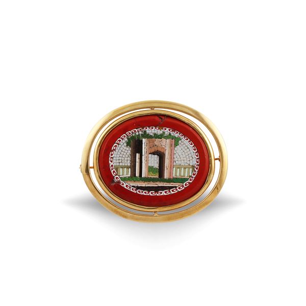 18KT GOLD, JASPER AND MICROMOSAIC REVOLVING BROOCH