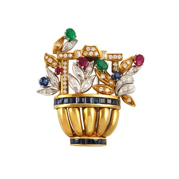 18KT GOLD, DIAMONDS, SAPPHIRES, RUBIES AND EMERALDS BROOCH
