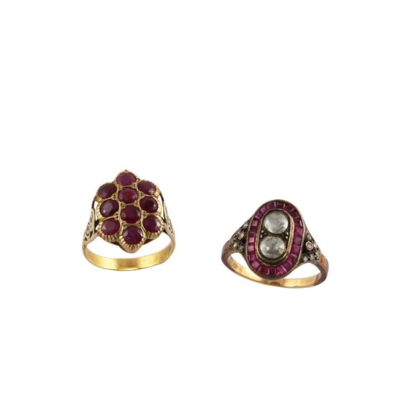 9KT GOLD, RUBIES AND ROSE CUT DIAMONDS TWO RINGS