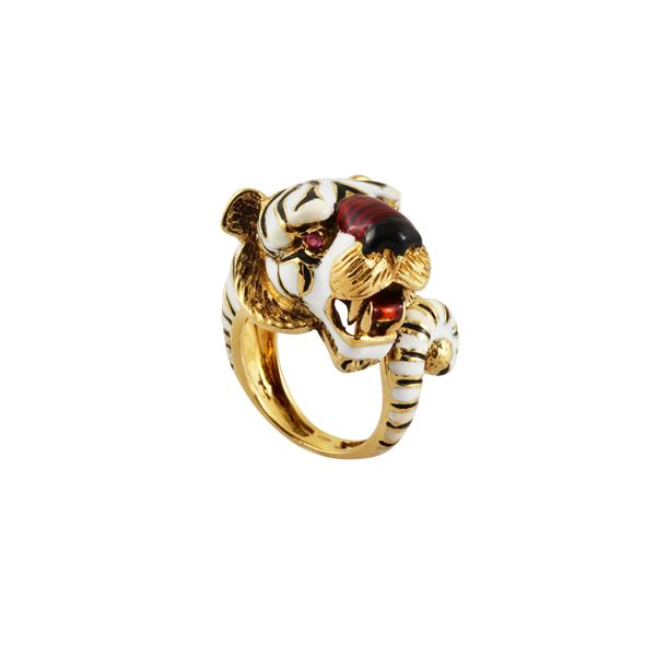 18KT GOLD, ENAMEL AND RUBY TIGER RING, FRASCAROLO  - Auction Jewelery & Objects by Vertu - Casa d'Aste International Art Sale
