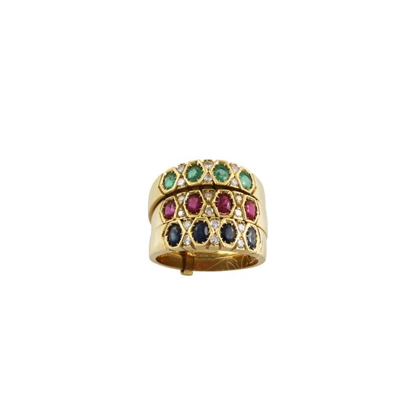 18KT GOLD, DIAMONDS, SAPPHIRES, RUBIES AND EMERALDS RING
