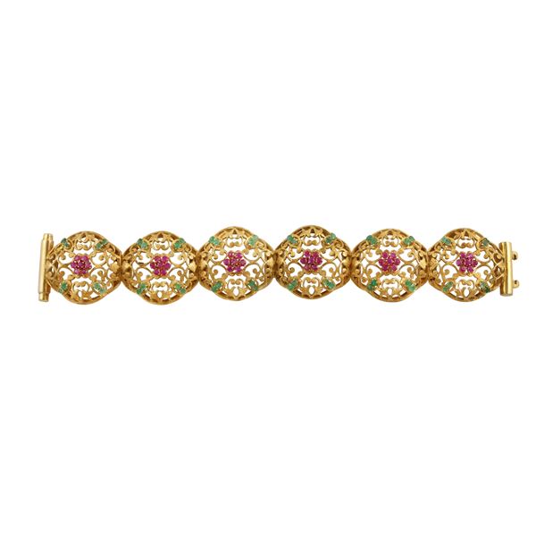 18KT GOLD, RUBIES AND EMERALDS BRACELET