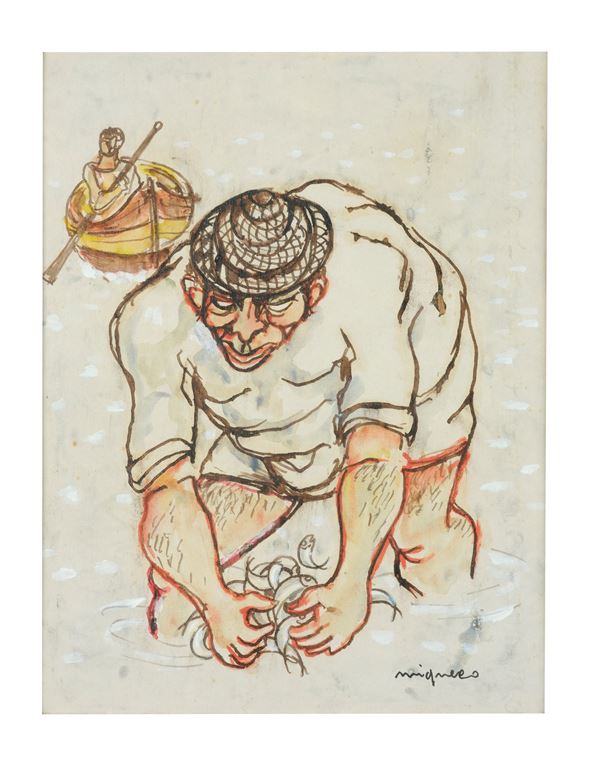 GIUSEPPE MIGNECO : Pescatore  - Gouache su carta telata - Auction Modern, Contemporary  [..]
