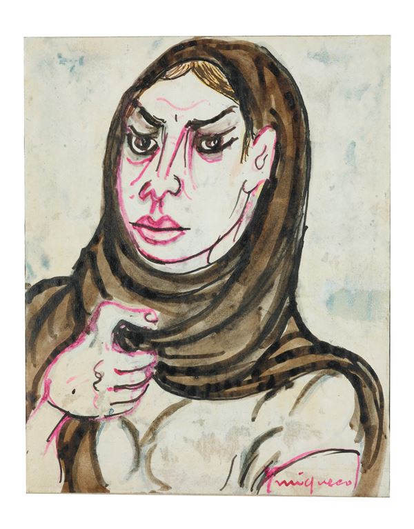 GIUSEPPE MIGNECO : Donna con velo  - Gouache su carta telata - Auction Modern, Contemporary  [..]