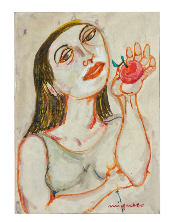 GIUSEPPE MIGNECO : Donna con mela  - Gouache su carta telata - Auction Modern, Contemporary  [..]