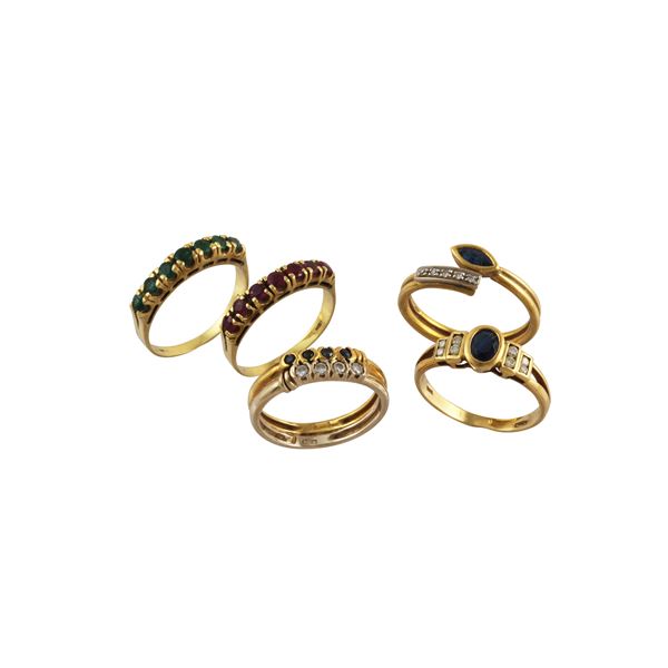 LOT OF FIVE 18KT GOLD, DIAMONDS, SAPPHIRES, EMERALDS AND RUBIES RINGS