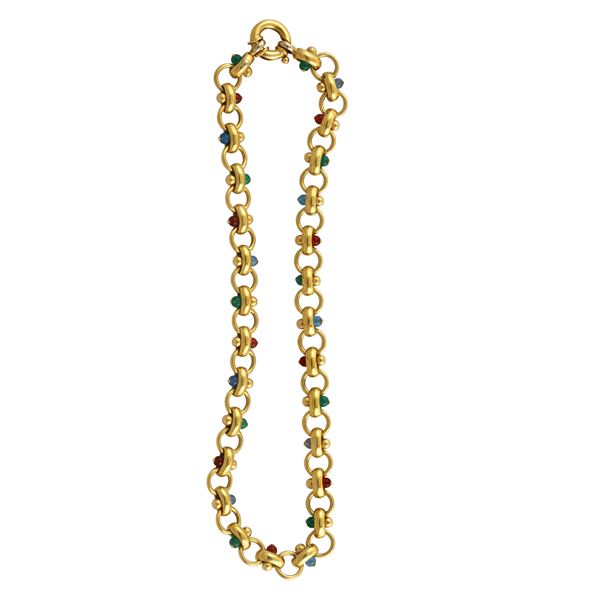 18 KT GOLD, CARNELIAN, CHRISOPRASE AND CALCEDONY NECKLACE