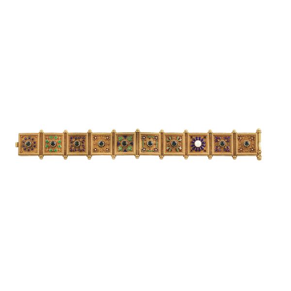 18KT GOLD, SAPPHIRES, PEARL AND ENAMEL BRACELET