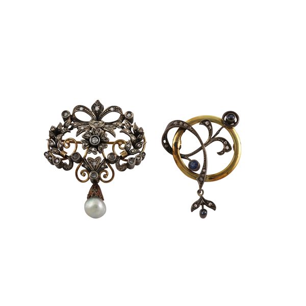 Lot of two brooches (one double-use pendant) in gold and silver with rose-cut diamonds and pearl  - Auction Jewelery & Watches - Casa d'Aste International Art Sale