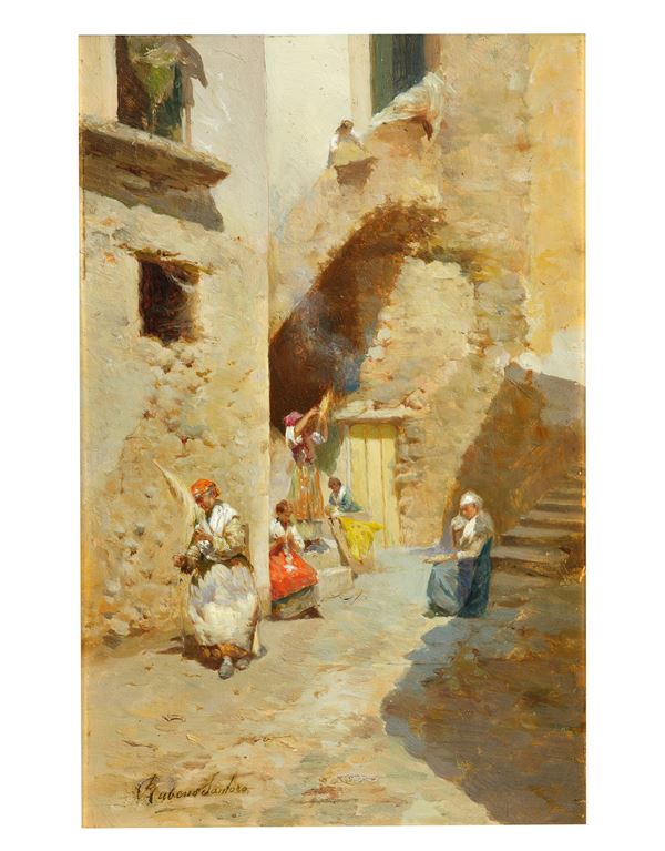 RUBENS SANTORO : Scorcio cittadino con lavoratrici  - Olio su tavola - Auction Modern, Contemporary and 19th Century Paintings - Casa d'Aste International Art Sale