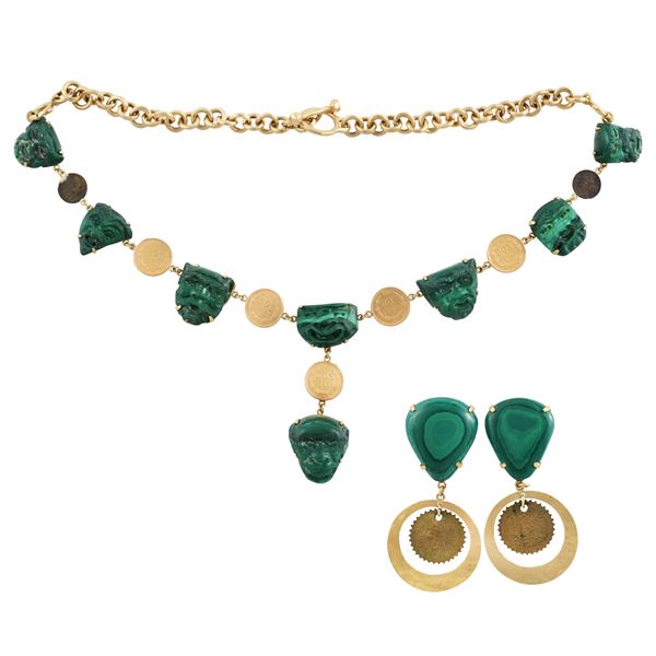 18KT GOLD, SILVER, MALACHITE NECKLACE AND EARRINGS (METAL PART EARRINGS)