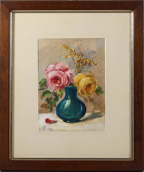 ANONIMO - Vaso con rose e mimose