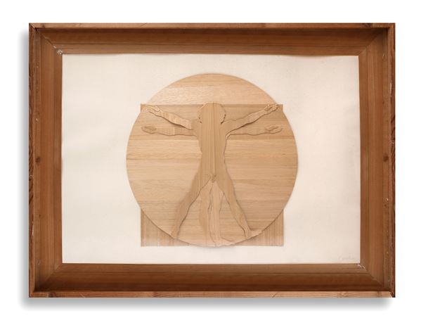 MARIO CEROLI : Uomo vitruviano  (1980 ca.)  - scultura multiplo in balsa applicato su cartoncino - Asta Dipinti di Arte Moderna, Contemporanea e XIX Secolo - Casa d'Aste International Art Sale