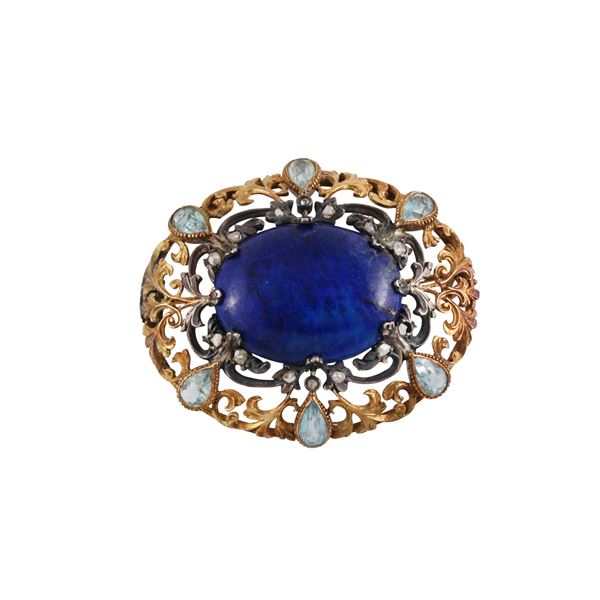 GOLD, SILVER, AQUAMARINES, ROSE CUT DIAMONDS AND LAPISLAZULI BROOCH 