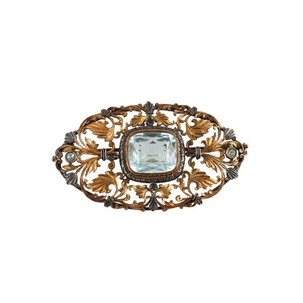 GOLD, SILVER, BERYLL AND DIAMONDS BROOCH
