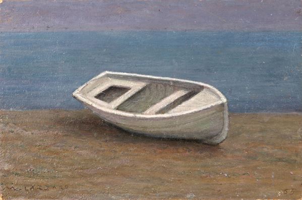 WALTER LAZZARO :  Barca bianca  (1965)  - Olio su cartone - Auction Modern, Contemporary  [..]
