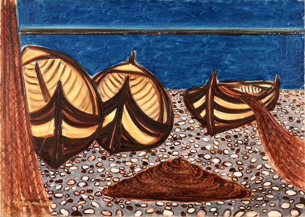 GIUSEPPE MIGNECO : Barche  (1968)  - Olio su tela - Auction Modern, Contemporary  [..]