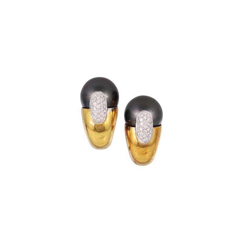 ORECCHINI in oro giallo e bianco 18Kt con perla coltivata Tahiti e brillanti