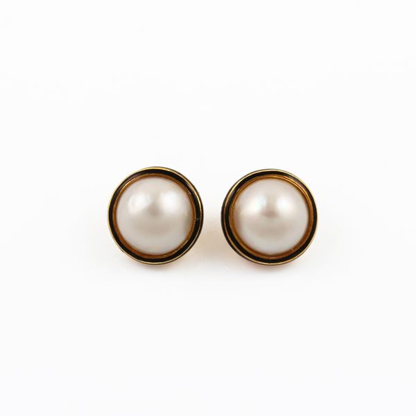 * 18 KT GOLD, MABE' PEARL AND ENAMEL EARRINGS