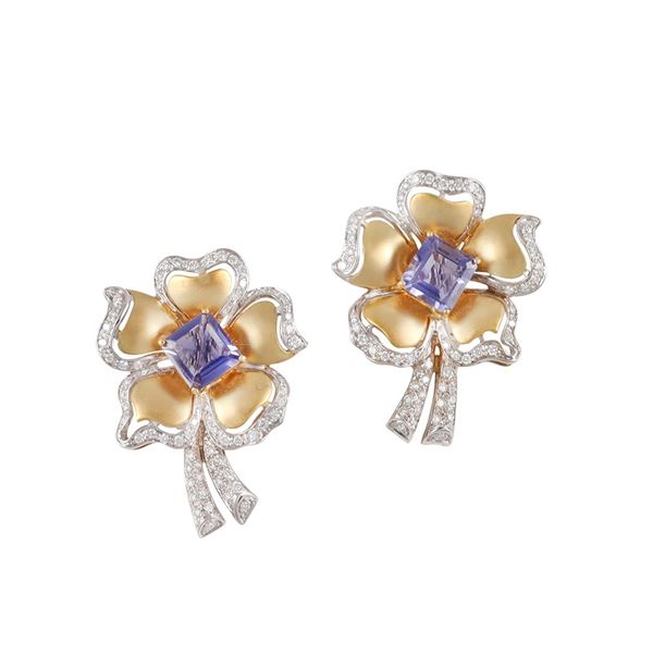 18KT GOLD, DIAMOND AND IOLITE EARRINGS