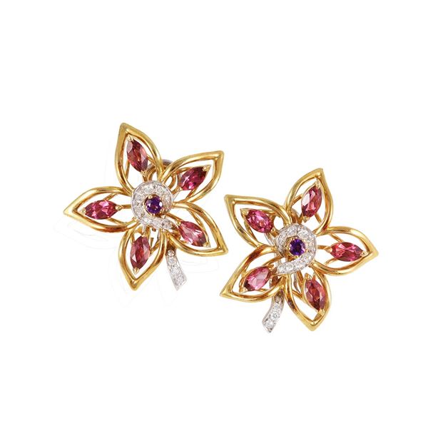 * 18 KT GOLD, DIAMONDS, PINK TURMALINES AND AMETHYSTS EARRINGS