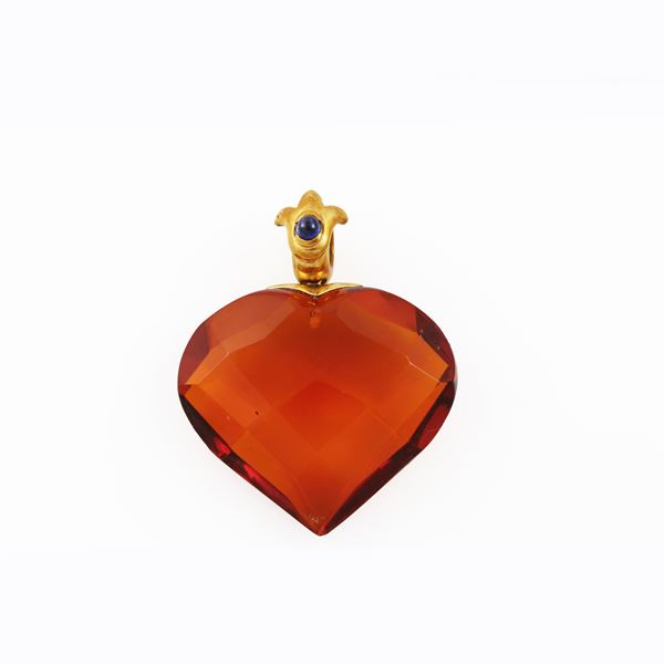 * 18KT GOLD, AMBER AND SAPPHIRE PENDANT