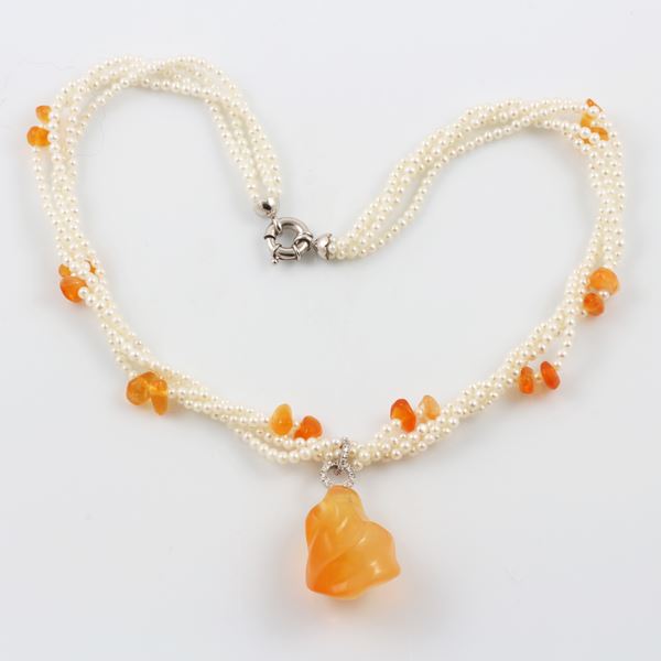18KT GOLD, FIRE OPALS AND PEARLS NECKLACE