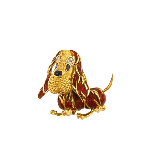 18KT GOLD, ENAMEL, SAPPHIRES AND DIAMONDS BROOCH, FRASCAROLO
