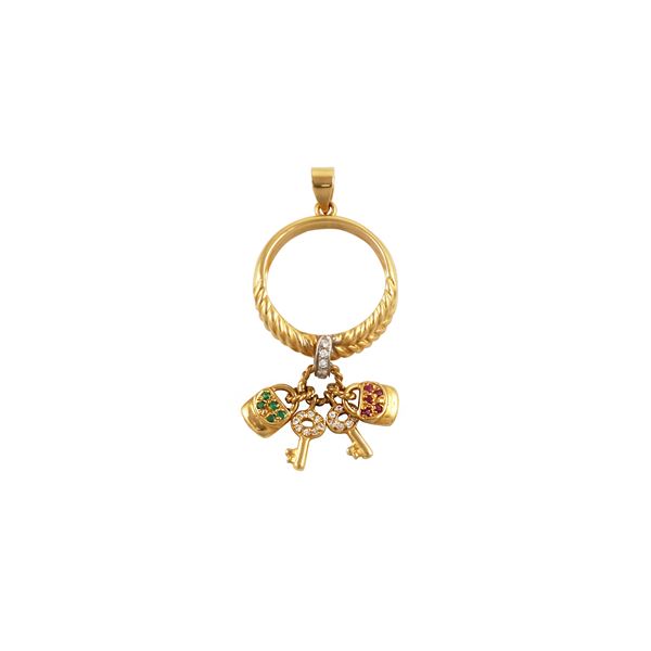 18KT GOLD, DIAMONDS, RUBIES AND EMERALDS RING - PENDANT