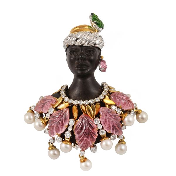 18KT GOLD, DIAMOND, TOURMALINES "MORETTO" BROOCH