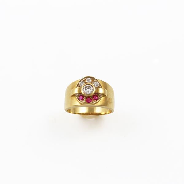 18KT GOLD, DIAMONDS AND RED SYNTHETIC GEMS