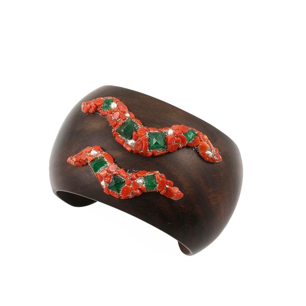 WOOD, EMERALDS, CORALS, PEARLS AND GLITTER RESIN BANGLE  - Auction Jewelery & Watches - Casa d'Aste International Art Sale