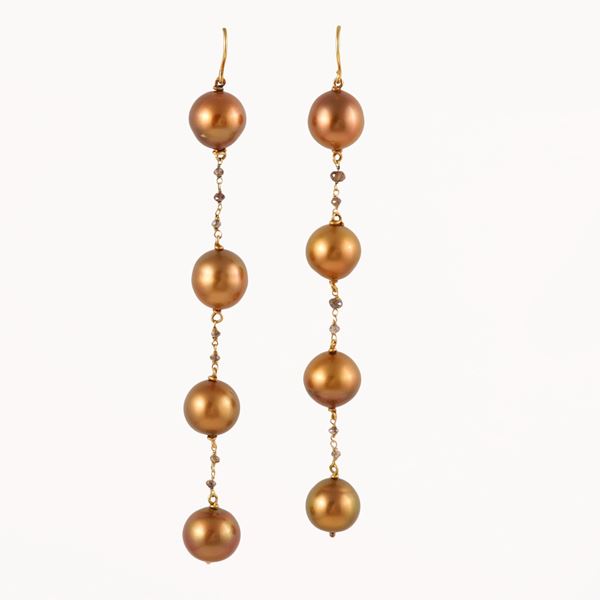 18KT GOLD, CULTURED "TAHITI" PEARLS AND "BROWN" DIAMOND EARRINGS