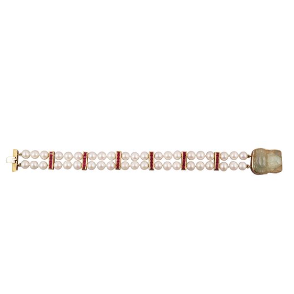 18KT GOLD, FRESHWATER PEARLS, RUBIES AND JADEITE BRACELET  - Auction IMPORTANT JEWELRY - Casa d'Aste International Art Sale