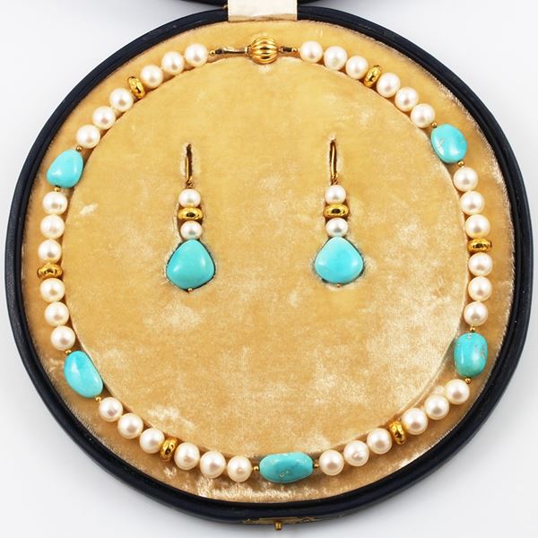 18KT GOLD, FRESHWATER PEARLS AND TURQUOISES SET