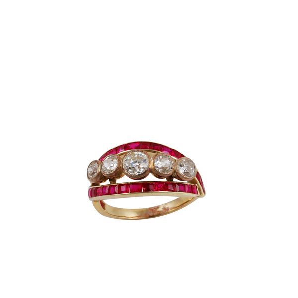 18KT GOLD, SILVER, OLD EUROPEAN CUT DIAMONDS AND RUBIES RING