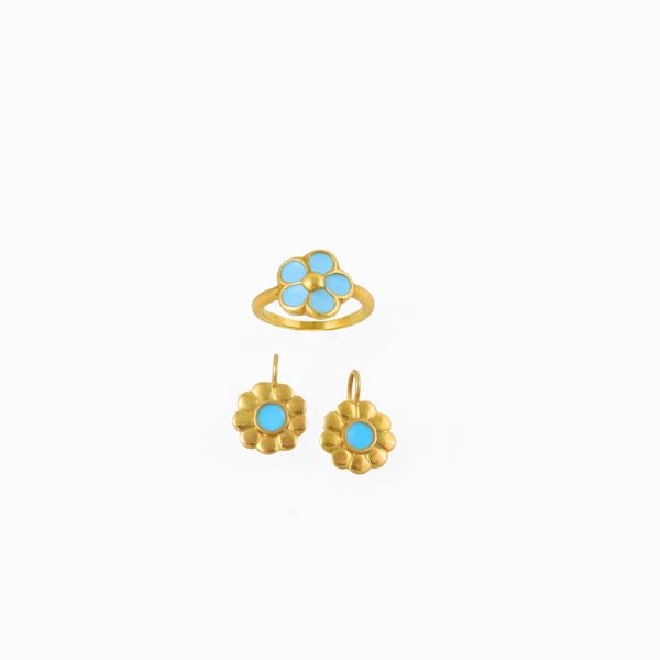 18KT GOLD LOT OF RING AND EARRINGS WITH ENAMEL