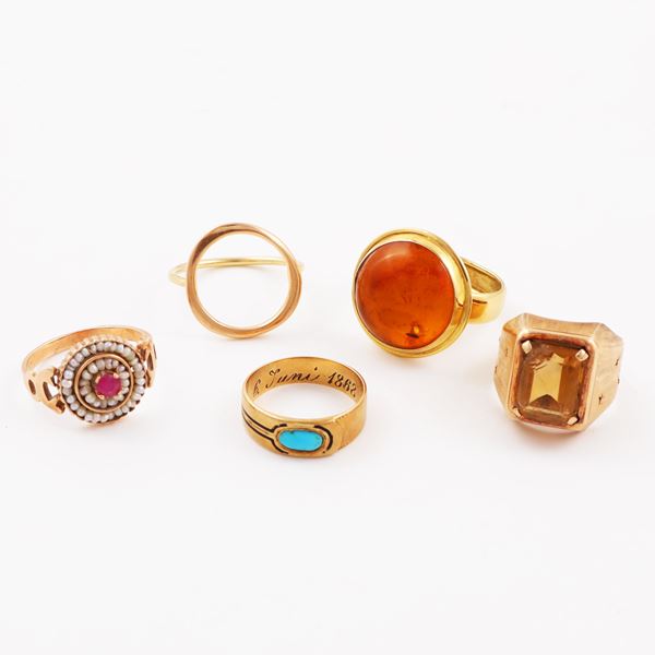 18KT GOLD LOT OF FIVE RINGS WITH GEMS (chipped)  - Auction JEWELRY, WATCHES, AND SILVERWARE - Casa d'Aste International Art Sale