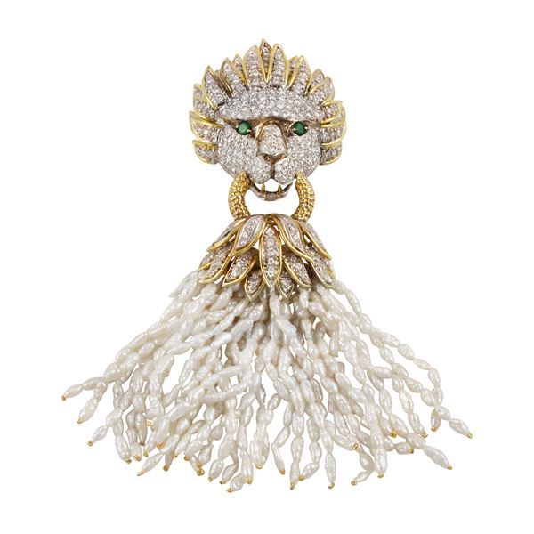 18KT GOLD, DIAMONDS (one missing), EMERALDS PENDANT - BROOCH