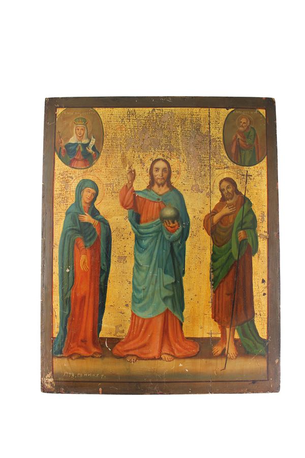 ICONA : raffigurante Cristo Benedicente tra due santi, con ai lati San Giovanni e la Maddalena  - tempera su tavola - Asta Arte Moderna, Contemporanea e Dipinti del XIX Secolo - Casa d'Aste International Art Sale