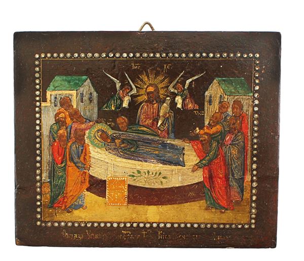 ICONA : raffigurante La dormizione della Vergine  - Tempera su tavola - Asta Arte Moderna, Contemporanea e Dipinti del XIX Secolo - Casa d'Aste International Art Sale