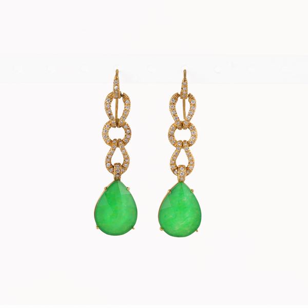 18KT GOLD, DIAMONDS, GREEN "TRIPLETS" OF QUARTZ AND MOTHER OF PEARL EARRINGS