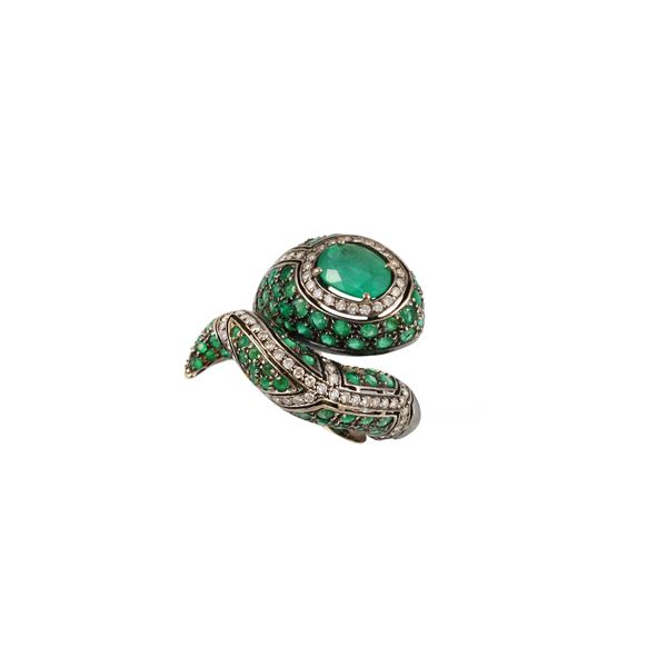 18KT GOLD, EMERALDS (one missing) AND DIAMONDS RING, CHANTECLER  - Auction Important Jewelry - Casa d'Aste International Art Sale
