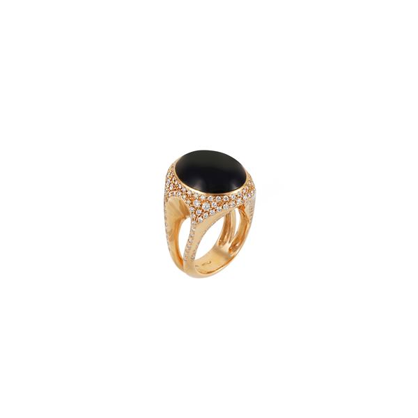 18KT GOLD, ONYX AND DIAMONDS RING, CHANTECLER