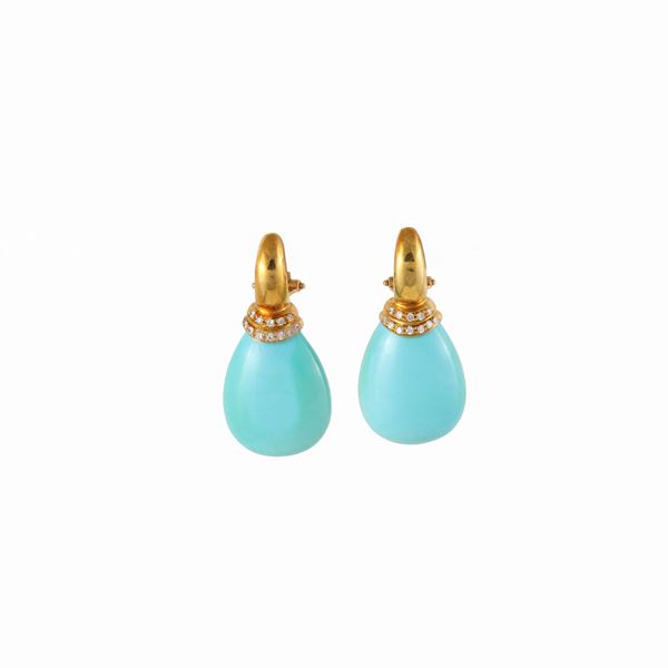 18KT GOLD, DIAMONDS AND TURQUOISE EARRINGS